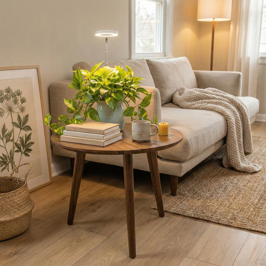 Living room with a beige sofa, wooden coffee table, and decorative items.