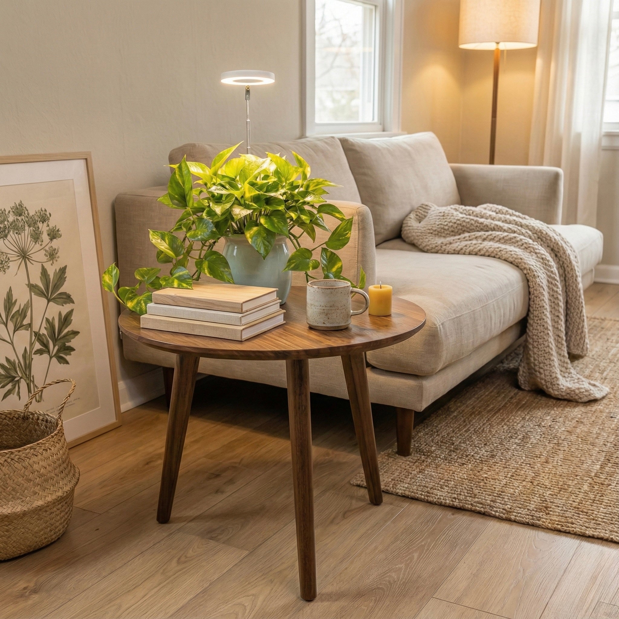 Living room with a beige sofa, wooden coffee table, and decorative items.